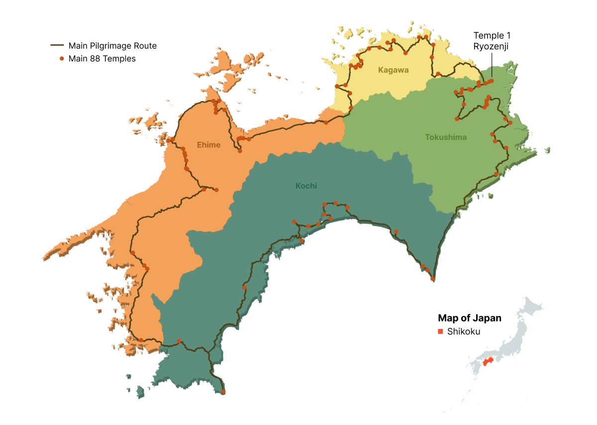 Map overview of the Shikoku Pilgrimage’s prefectures, routes, and temples.